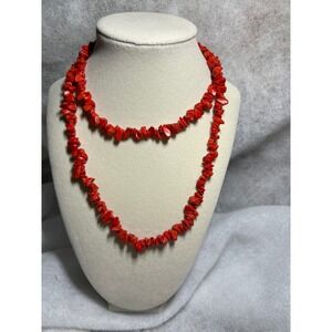 VTG Native American Red Coral Chip Gemstone Beaded Necklace Statement  Jewelry